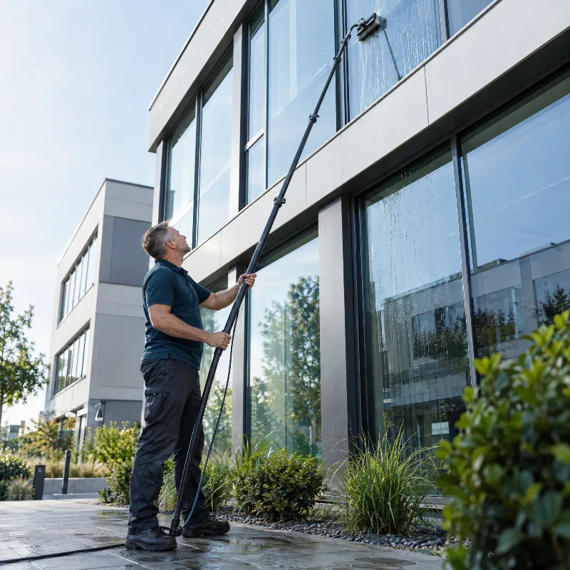 Reinigung einer Glasfassade mit Teleskopstange