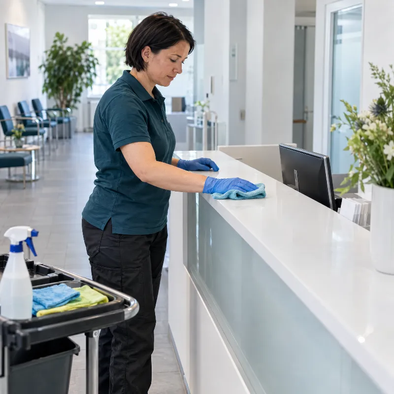 Reinigungskraft mit Handschuhen reinigt den Empfangstresen einer Praxis