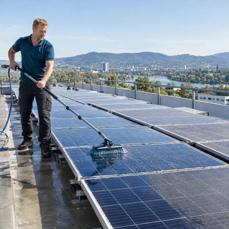 Reinigung von Photovoltaikmodulen auf einem Flachdach mit Blick auf den Rhein