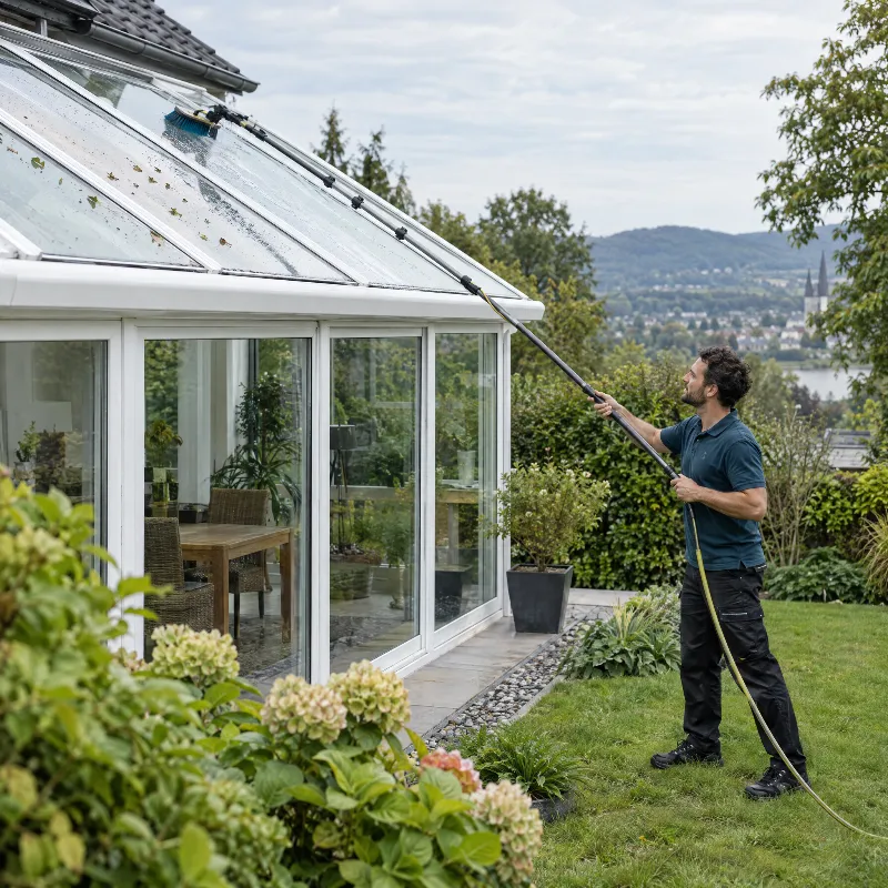 Reinigung eines Wintergarten-Glasdachs mit Teleskopbürste